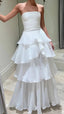 Strapless White Pleated Layers Long Formal Prom Dresses Sleeveless Formal Evening Gown
