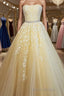Strapless Yellow Lace Long Formal Prom Dresses, Yellow Lace Formal Evening Dresses
