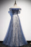 Stunning Blue Tulle Off Shoulder A Line Long Formal Prom Dresses, Formal Evening Dresses With Sleeve