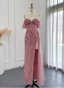 Stunning Pink Spaghetti Strap Slit Sequin Tulle Long Formal Prom Dresses