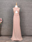 Stunning Pink Sleeveless Cross Neck Beaded Satin Long Formal Prom Dresses
