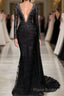 Stylish Black A-line Mermaid Evening Dresses Deep V-Neck Beadings Long Sleeves Formal Prom Dresses
