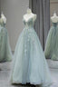 Stylish Spaghetti Strap Tulle Floor Length Formal Dress, Gray Green V-Neck Backless Party Dress