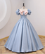Sweet Princess Light Blue Square Neck Bow Puff Sleeve Satin Ball Gown Prom Dresses Sweet 16 Dresses