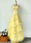Sweet Princess Yellow A-Line Strapless Beaded Embroidered Tulle Long Formal Prom Dresses