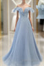 Sweet Sky Blue Sparkling Pleated Short Sleeved Off Shoulder Ball Dresses Sky Blue A-Line Princess Backless Tie With Ruffle Edge And Floor Length Evening Dresses