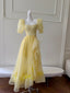 Sweet Yellow A-Line Square Neck Puff Sleeve Lace Tulle Long Formal Prom Dresses