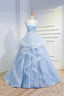 Sweetheart Baby Blue Organza V Neck Ruffles Appliques Prom Dresses