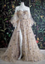 Sweetheart Champagne Tulle Bubble Sleeves Long A Line Formal Prom Dresses Beaded Formal Evening Dresses