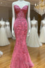 Sweetheart Neck Pink Mermaid Lace Formal Prom Dresses, Pink Mermaid Lace Formal Graduation Dresses