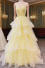 Sweetheart Tulle Yellow Ruffles Long Formal Prom Dresses