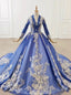 Take Center Stage In Royal Blue Tulle Lace Appliques V-neck Long Sleeve Wedding Dress