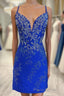Royal Blue Beaded Plunge V Lace-Up Short Homecoming Dresses