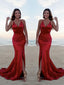 Trumpet/Mermaid Halter Sweep Train Silk like Satin Prom Dresses With Leg Slit