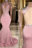 Trumpet/Mermaid High Neck Sweep Train Jersey Evening Dresses With Appliques Lace