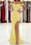 Trumpet/Mermaid Off-the-Shoulder Short Sleeve Long/Floor-Length Satin Prom Dresses With Pleated Split