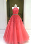 Red Lace Floor Length Prom Dresses, A-Line Formal Evening Dresses
