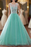 Tulle Buttons Lace Long Green Round Neck Formal Prom Dresses