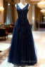 Tulle Dark Navy Formal Prom Dresses A-Line/Princess V-Neck Long/Floor-Length With Beaded Appliqued