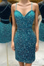 Turquoise Spaghetti Straps Sequins Homecoming Dresses