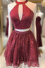 Two Piece Burgundy Beaded Sequins Homecoming Dresses With Cut Out