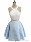 Two Piece Halter Blue Satin White Top Backless Wedding Dress
