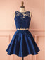 Two Pieces Navy Blue Lace Top Satin A Line Short Homecoming Dresses