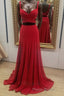 Two Pieces Red Long Formal Prom Dresses, 2 Pieces Red Long Formal Evening Dresses