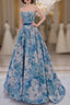 Unique A-Line Flower Satin Blue Long Formal Prom Dresses, Blue Long Formal Dresses