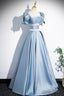 Unique Blue Satin Long Prom Dress, A-Line Short Sleeve Blue Evening Dress