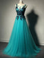 Unique Green Tulle A-line Long Formal Prom Dresses-Purple Lace Applique Prom Dresses