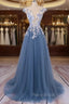 Unique Round Neck Applique Tulle Long Formal Prom Dresses, Tulle Evening Dresses