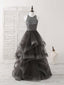 Unique Round Neck Lace Applique Tulle Long Prom Dresses
