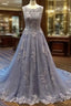 Unique Round Neck Lace Tulle Long Formal Prom Dresses, Lace Evening Dresses