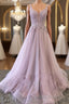 Unique v neck tulle lace long Formal Prom dress, tulle evening dress