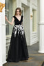 V Neck A-Line Tulle Floor Length Black Prom Dresses with Appliques