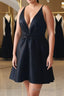 V Neck and V Back Black Satin Short Formal Prom Homecoming Dress, V Neck Black Formal Graduation Evening Dress, Black Cocktail Dress