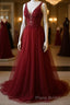V Neck and V Back Burgundy Lace Long Formal Prom Dresses, Open Back Burgundy Formal Dresses, Burgundy Lace Evening Dresses