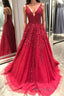 V Neck Backless Burgundy Lace Long Formal Prom Dresses, Burgundy Lace Formal Graduation Evening Dresses