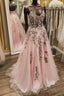 V Neck Backless Pink Lace Long Formal Prom Dress, Long Pink Lace Formal Evening Dress