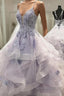 V Neck Backless Ruffles Appliques Tulle Blue Formal Prom Dresses