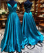 V Neck Backless Teal Long Formal Prom Dresses, V Neck Open Back Blue Formal Dresses