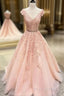 V Neck Cap Sleeves Peach Lace A-Line Long Formal Prom Dresses