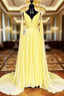 V-neck Chiffon Long Formal Prom Dresses, A-line Formal Prom Dresses