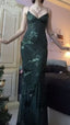 V Neck Green Formal Prom Dresses Formal Evening Gowns With Sequin Appliques
