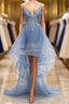 V Neck High Low Blue Lace Formal Prom Dresses, Blue Lace High Low Formal Evening Graduation Dresses