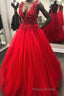 V Neck Open Back Beading Red Long Formal Prom Dress with 3D Flower, V Neck Red Formal Dress, Red Evening Dress