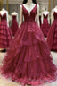 V Neck Open Back Burgundy Lace Long Formal Prom Dress, Burgundy Lace Formal Evening Dress, Burgundy Ball Gown