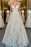 V Neck Open Back Champagne Lace Long Formal Prom Dress, Champagne Lace Formal Graduation Evening Dress