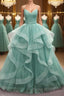 V Neck Open Back Fluffy Green Tulle Long Formal Prom Dresses, Green Formal Evening Dresses, Ball Gown